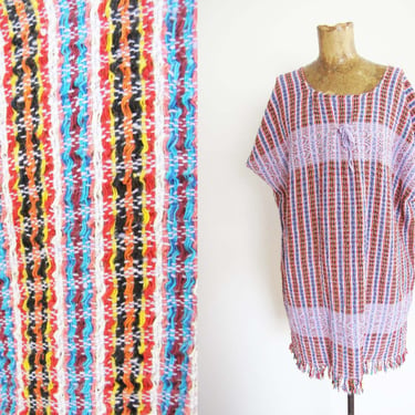 Vintage 70s Woven Swim Cover Up Tunic One Size - 1970s Boho Hippie Colorful Stripe Beach Vacation Loungewear 