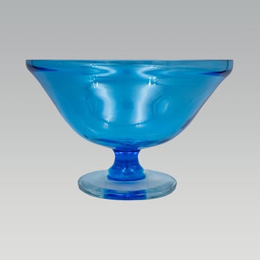 Celeste Blue Glass Pedestal Bowl | Vintage Mid-century MCM Glassware Centerpiece Fruit Bowl 