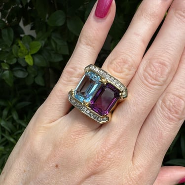 80s Aqua Purple Crystal Gold Cocktail Ring Size 5.5