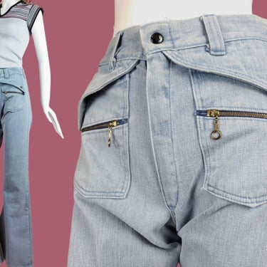 Unique 70s Ely jeans. Light wash. Crazy amazing pocket design! High rise bell bottoms. 