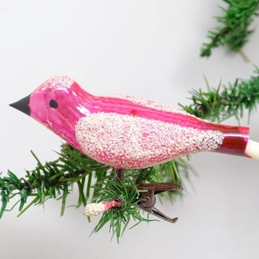 Vintage German Mercury Glass Bird Christmas Clip On Ornament with Spun Glass Tail, Antique Molded Glass, Western Germany 