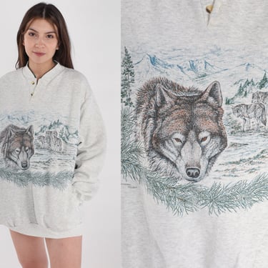 Wolf Sweatshirt 90s Henley Sweatshirt Wild Animal Graphic Shirt Wildlife Sweater Heather Grey Front Back Print Vintage 1990s Extra Large xl 