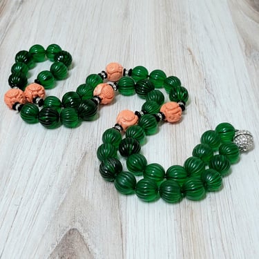 Kenneth Lane Large Green Watermelon Bead and Faux Coral Bead Necklace 