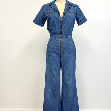 Vintage Denim Jumpsuit | 1970s Sexy Zippered Bell Bottom Jumpsuit | Male Label | Size Medium 