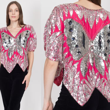 Medium 80s Hot Pink & Silver Sequin Silk Butterfly Top | Retro Beaded Short Sleeve Disco Blouse 