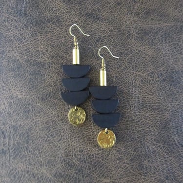 Black wooden earrings, mid century modern earrings, unique pagoda earrings, gold 