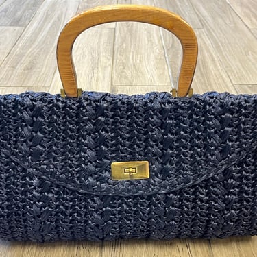 vintage navy basket purse 1960s jute woven handbag 