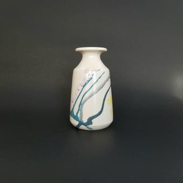 Vintage Abstract Pottery Bud Vase / Small Hand Painted Ceramic Flower Vase with Modern Blue Splash Paint 