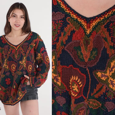 90s Floral Sweater Navy Blue Knit Pullover V Neck Sweater Flower Leaf Print Red Orange Green Slouchy Oversized Hippie Vintage 1990s Small S 