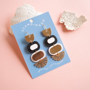 Lagom Earrings - Black and White w/ Gold Lamé Reclaimed Leather Statement Earrings 