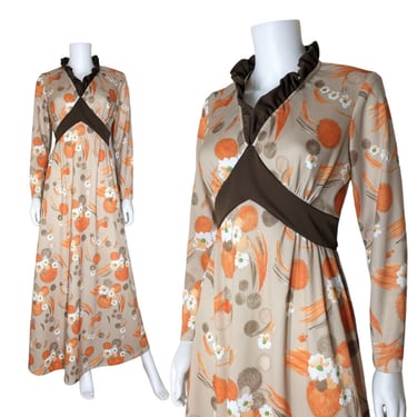 Vintage Floral Print Maxi Dress, Medium / 1970s Mod Empire Waist Tie Waist Dress / Long Sleeve Retro Maxi Dress with Orange Puffball Florals 