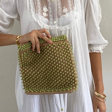60s beaded handbag / vintage celadon green lucite beaded macrame purse clutch 