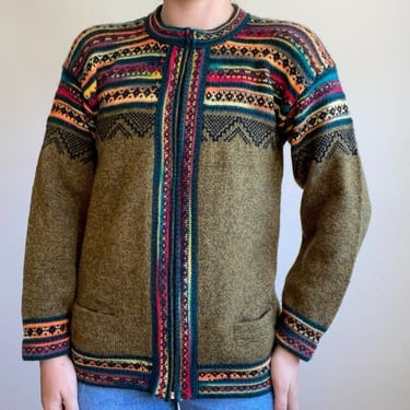 Vintage Peruvian Alpaca Fair Isle Full Zip Cardigan Hippie Sweater Sz M 