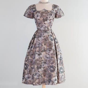 Elegant Demi Couture Late 1950's Oyster Silk Floral Print Party Dress By Teal Traina / S