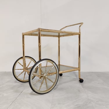 Brass faux bamboo drinks  trolley, 1970s - hollywood regency trolley - mid century serving cart - vintage drinks trolley 