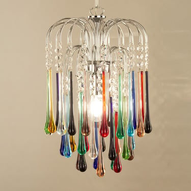 Rain suspension chandelier, cascade of crystals and drops in multicolor Murano glass with silver color frame, Made in Italy vintage style 