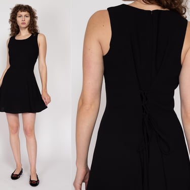 Medium 90s Black Corset Back Mini Dress | Vintage LBD Fit & Flare Sleeveless Party Dress 