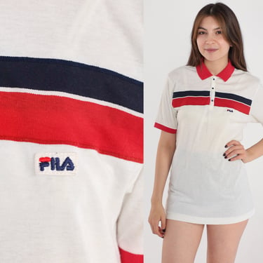80s Fila Polo Shirt White Striped Collared T-Shirt Streetwear Sports Athletic Top Short Sleeve Single Stitch Ringer Tee Vintage 1980s Small 