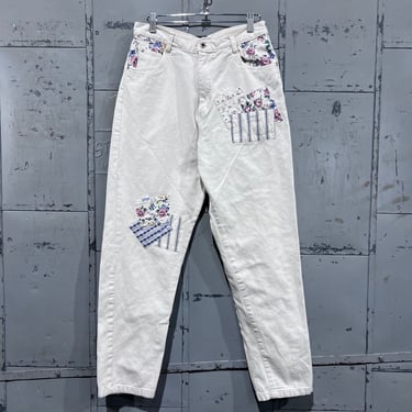 Size 28 x 28 1990s Gitano jeans wear white floral patch work high waisted Jeans 