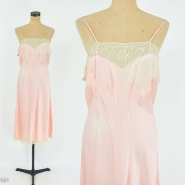 1940s Pink Silk Slip | 40s Pink & Lace Full Slip | Large 