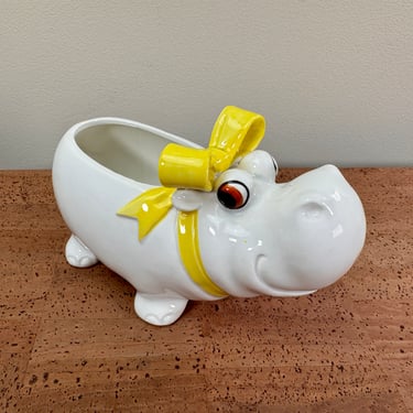 Vintage Pottery Hippo Planter - Yellow Bow Ribbon 
