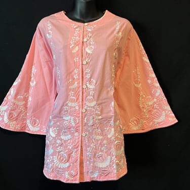 vintage embroidered blouse 1980s pink floral wide sleeve tunic plus size 1X 