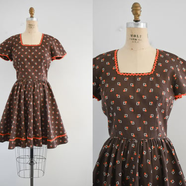 1970s Brown and Orange Printed Square Dance Dress 