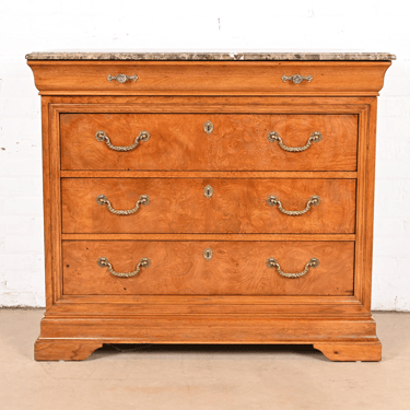 Thomasville French Louis Philippe Burl Wood Marble Top Four-Drawer Dresser Chest