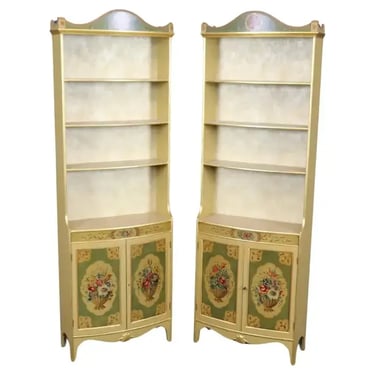 Pair of Paint Decorated Gilded Venetian Style Open Bookcases of Shallow Depth