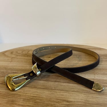 Vintage 90s Brown Vegan Suede Thin Skinny Gold Tipped Buckle Belt - S/M 