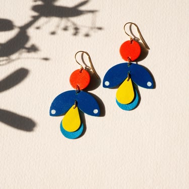 Bell Sprout Botanical Drops in Blue / Red / Yellow - Reclaimed Leather Lightweight Statement Earrings 