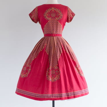 Classic 1950's Red Cotton Print Day Dress By Wildman / Medium