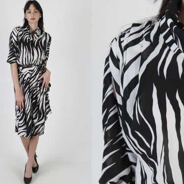 Vintage 80s Animal Print Dress, Black White Striped Dress, Draped Cowl Neckline, Cocktail Party Mini Dress 