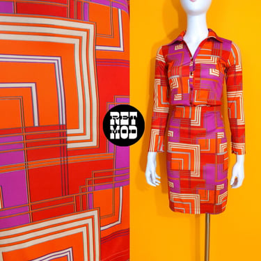 Cute Vintage 90s Y2K Orange Pink Red Geometric 2-Piece Skirt Set 