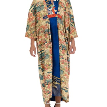 Morphew Collection Yellow Blue Japanese Kimono Silk Garden Print Kaftan 