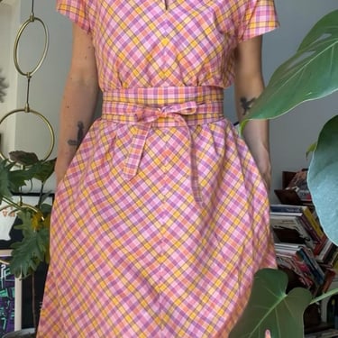 VTG 60s Pink Check A-Line Belted Dress 
