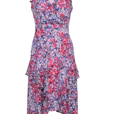 Parker - Pink &amp; Blue w/ Multi Color Floral Print Wrap Bodice Dress Sz 2
