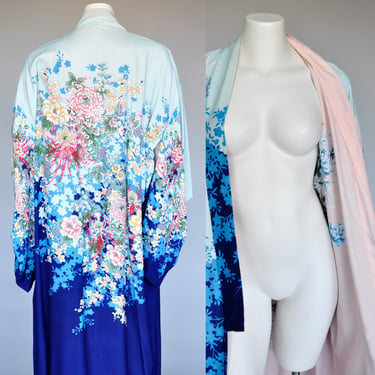 1960s vintage blue floral kimono robe XS-M 