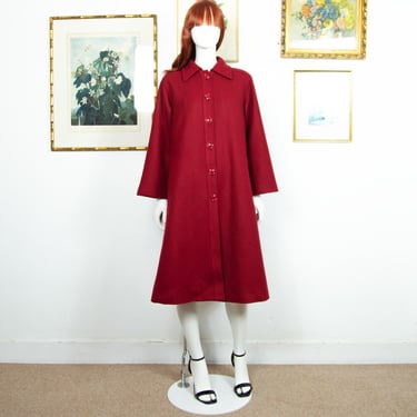 Vintage 1970s Red Wool Blend Overcoat With Back Slit And Pointed Collar Size M UK 12 