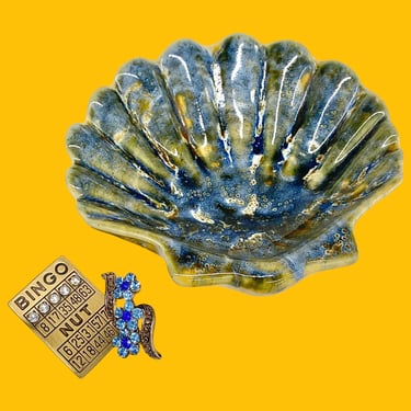 Vintage Bermuda Pottery Ring Dish Retro 1970s Retro Tropical + Scallop Shell + Ceramic + Blue/Brown + Drip Glaze + Home Decor + Storage 