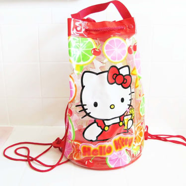 Vintage 1998 Hello Kitty Clear Vinyl Bucket Backpack - 90s Sanrio Pink Red Orange Lemonade Drawstring Purse - Kawaii Cute 
