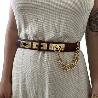 Vintage 1990s Womens Brown Leather Gold Hardware Chain Retro Waist Belt Sz M 