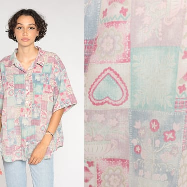 Patchwork Print Blouse 90s Floral Button up Top Plaid Heart Print Shirt Retro Short Sleeve Grandma Artsy Blue Pink 1990s Vintage 2xl xxl 