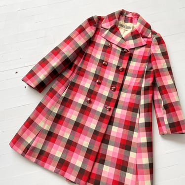 1960s Pink + Red Plaid Double Breasted Coat 