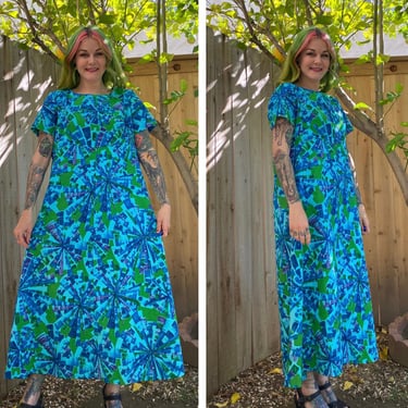 Vintage 1970’s Blue and Green Burst Print Dress 