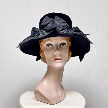 Vintage 1960s Black Velvet Wide Brim Bucket Hat with Giant Taffeta Bows by Joseph Magnin, VFG 