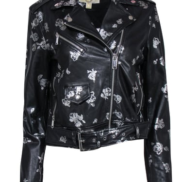 Michael Michael Kors - Black Leather Moto Jacket w/ Silver Flower Print Sz M