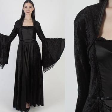 Black Velvet Lip Service Dress, Womens Steampunk Maxi, Angel Kimono Sleeves, Tag Size L 