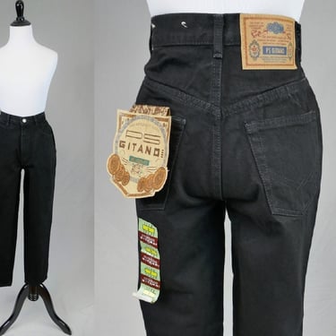 90s Black Gitano Jeans - 26" waist - Deadstock Cotton Denim Pants - High Rise - Tapered Leg - Vintage 1990s - Short 29" inseam 