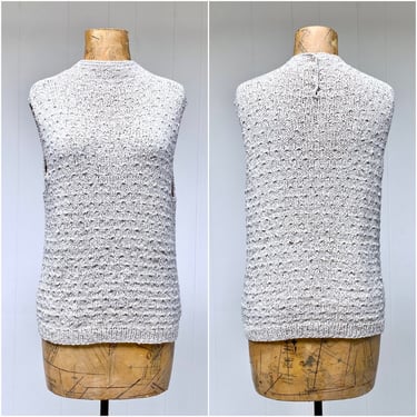 Vintage 1960s Sleeveless Hand-Knit Shell, 60s Ivory Rayon Bouclé with Silver Metallic Cocktail Top, Medium to Large 